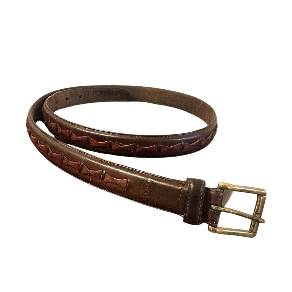 Fossil Belt Brown Leather Raised Woven Detail Mens 42‎ 1